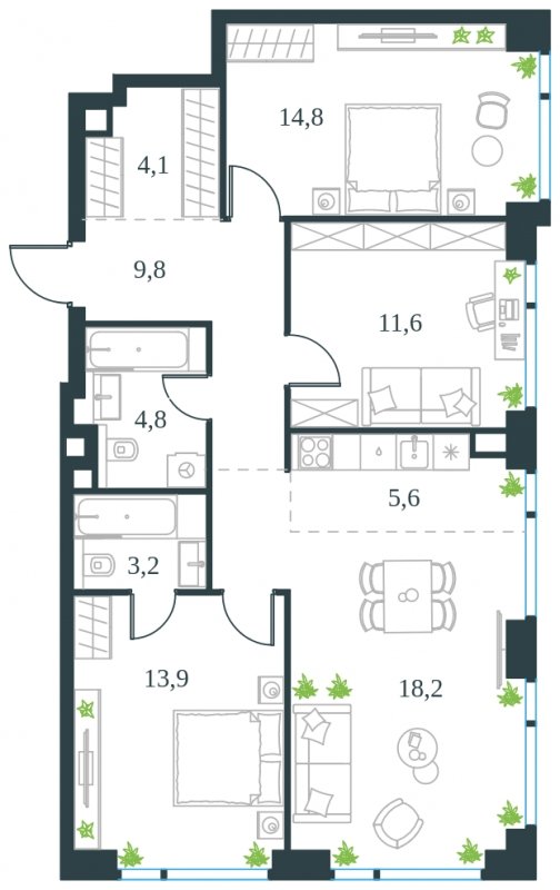 4-комнатная квартира (евро) без отделки, 86 м2, 31 этаж, сдача 4 квартал 2024 г., ЖК Level Мичуринский, корпус 4 - объявление 1946563 - фото №1