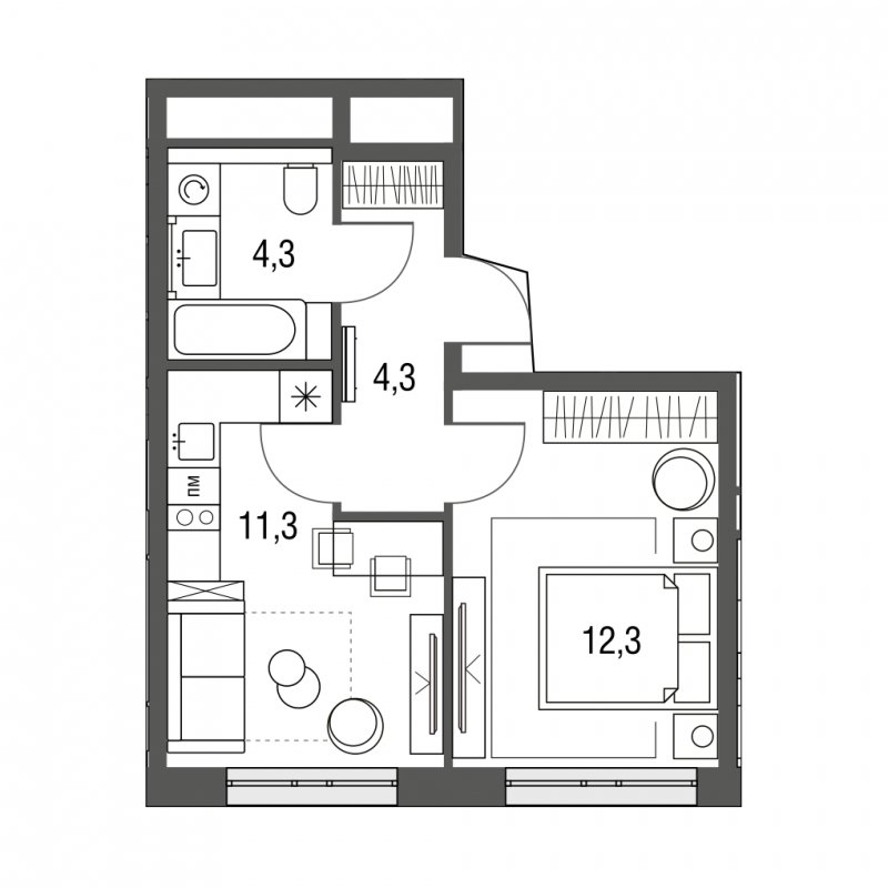 1-комнатная квартира с частичной отделкой, 32.2 м2, 13 этаж, сдача 1 квартал 2024 г., ЖК Сиреневый Парк, корпус 32 - объявление 1755216 - фото №1