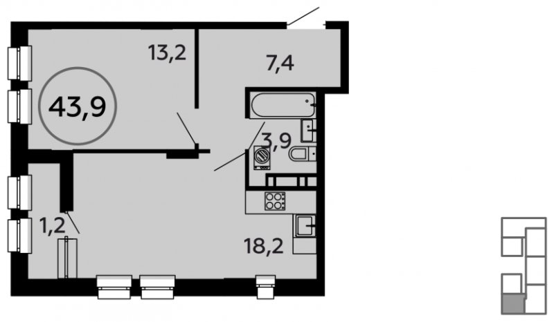 1-комнатная квартира без отделки, 43.9 м2, 13 этаж, дом сдан, ЖК Скандинавия, корпус 2.6.2 - объявление 1182680 - фото №1