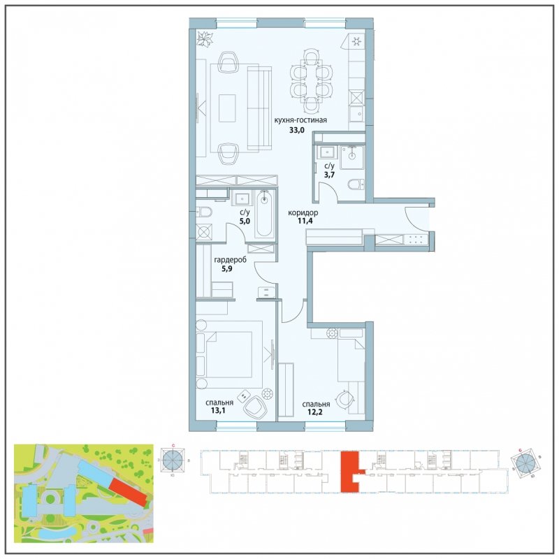 3-комнатная квартира (евро) с полной отделкой, 84.3 м2, 9 этаж, сдача 3 квартал 2023 г., ЖК Символ, корпус 18 (квартал "Смелость") - объявление 1864577 - фото №1