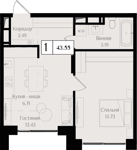 1-комнатная квартира без отделки, 43.6 м2, 17 этаж, дом сдан, ЖК Преображенская площадь, корпус 2 - объявление 2458342 - фото №1