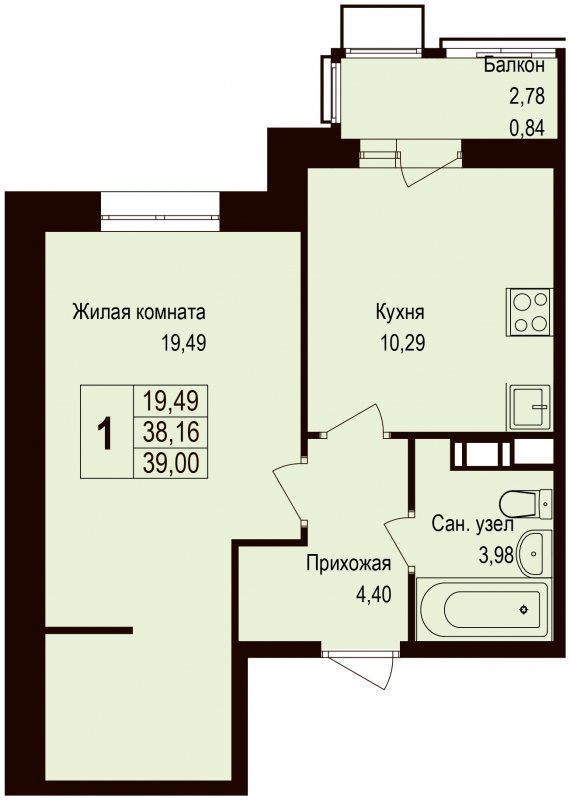 1-комнатная квартира без отделки, 39 м2, 2 этаж, дом сдан, ЖК Новая Щербинка, корпус 13 - объявление 1683342 - фото №1