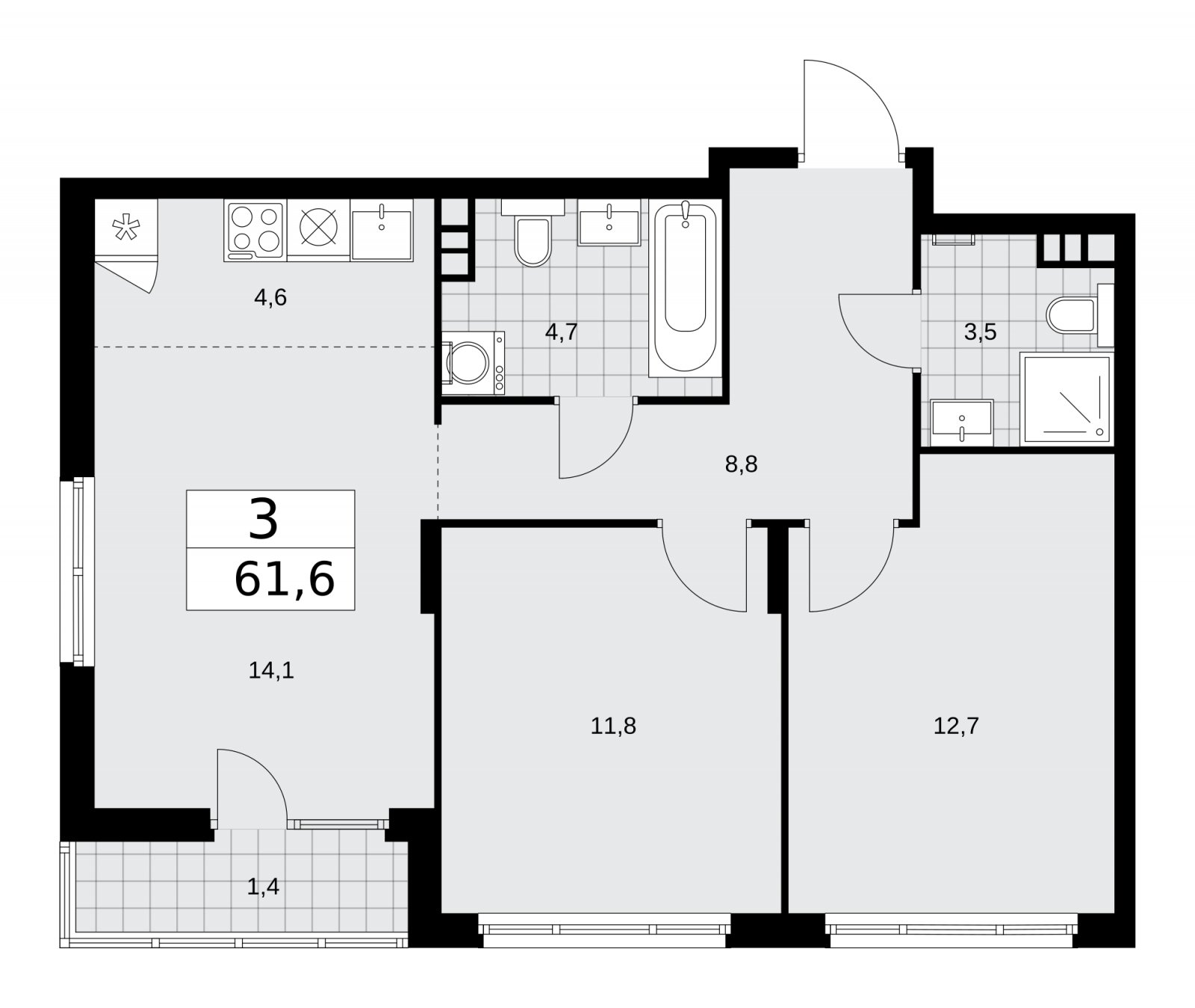 3-комнатная квартира (евро) с полной отделкой, 61.6 м2, 5 этаж, сдача 2 квартал 2026 г., ЖК Деснаречье, корпус 4.7 - объявление 2264768 - фото №1