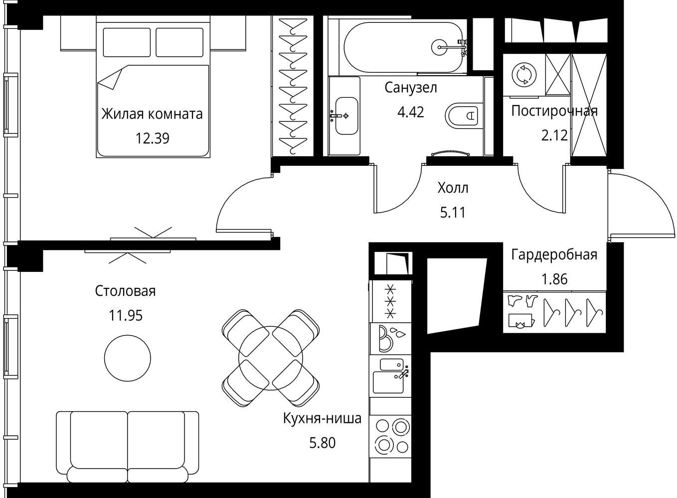 1-комнатная квартира с частичной отделкой, 43.65 м2, 43 этаж, сдача 3 квартал 2026 г., ЖК City Bay, корпус North Ocean 8 - объявление 2332286 - фото №1