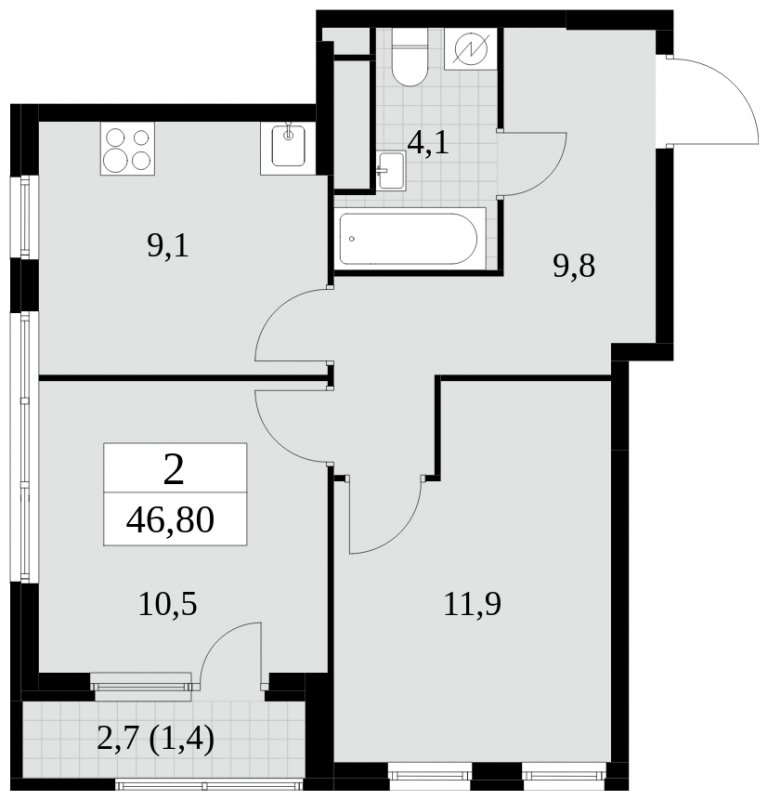2-комнатная квартира без отделки, 46.8 м2, 23 этаж, сдача 2 квартал 2025 г., ЖК Южные сады, корпус 2.3 - объявление 1758391 - фото №1