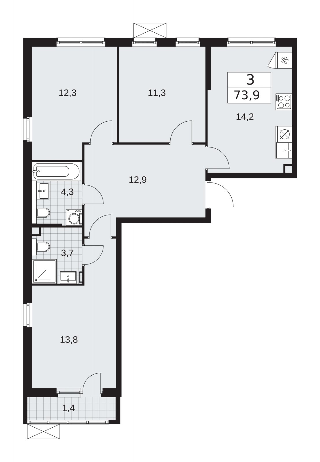 3-комнатная квартира с частичной отделкой, 73.9 м2, 2 этаж, сдача 2 квартал 2026 г., ЖК Прокшино, корпус 11.2.3 - объявление 2270189 - фото №1