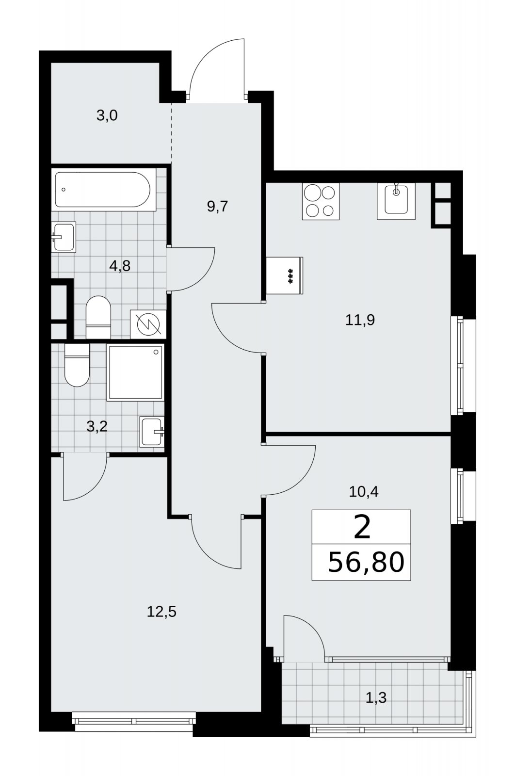 2-комнатная квартира с частичной отделкой, 56.8 м2, 6 этаж, сдача 1 квартал 2026 г., ЖК Дом на Зорге, корпус 25 - объявление 2221028 - фото №1