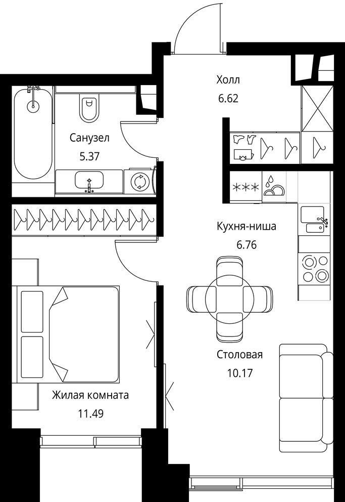 1-комнатная квартира с частичной отделкой, 40.5 м2, 34 этаж, сдача 3 квартал 2026 г., ЖК City Bay, корпус North Ocean 12 - объявление 2277714 - фото №1