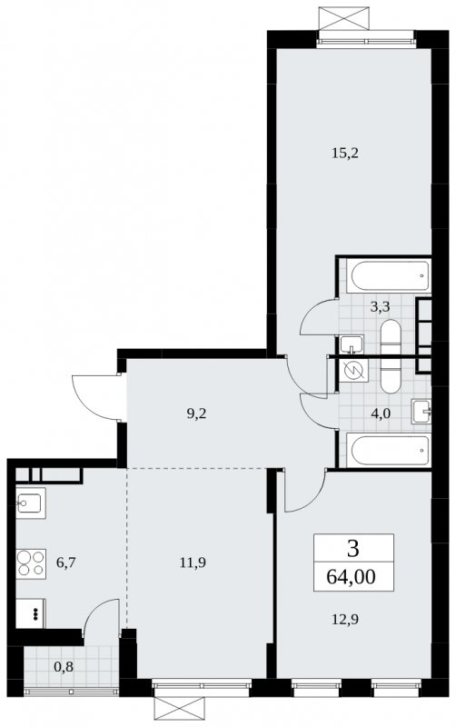 3-комнатная квартира (евро) с частичной отделкой, 64 м2, 8 этаж, сдача 3 квартал 2025 г., ЖК Дзен-кварталы, корпус 2.2 - объявление 1932488 - фото №1