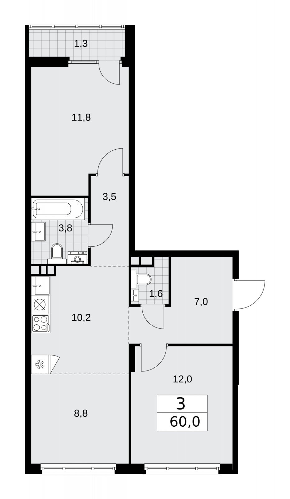 3-комнатная квартира (евро) с частичной отделкой, 60 м2, 5 этаж, сдача 2 квартал 2026 г., ЖК Деснаречье, корпус 4.5 - объявление 2264402 - фото №1