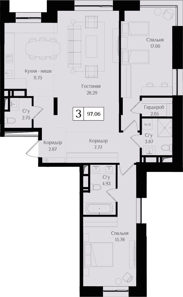 3-комнатная квартира (евро) без отделки, 97.06 м2, 17 этаж, сдача 3 квартал 2024 г., ЖК Преображенская площадь, корпус 1 - объявление 2349592 - фото №1