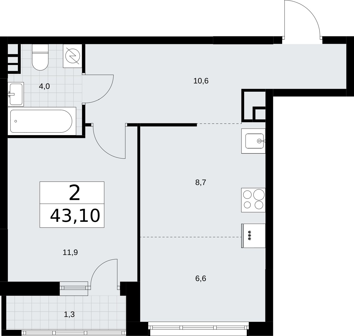 2-комнатная квартира (евро) с полной отделкой, 43.1 м2, 3 этаж, сдача 4 квартал 2026 г., ЖК Родные кварталы, корпус 3.3 - объявление 2378552 - фото №1