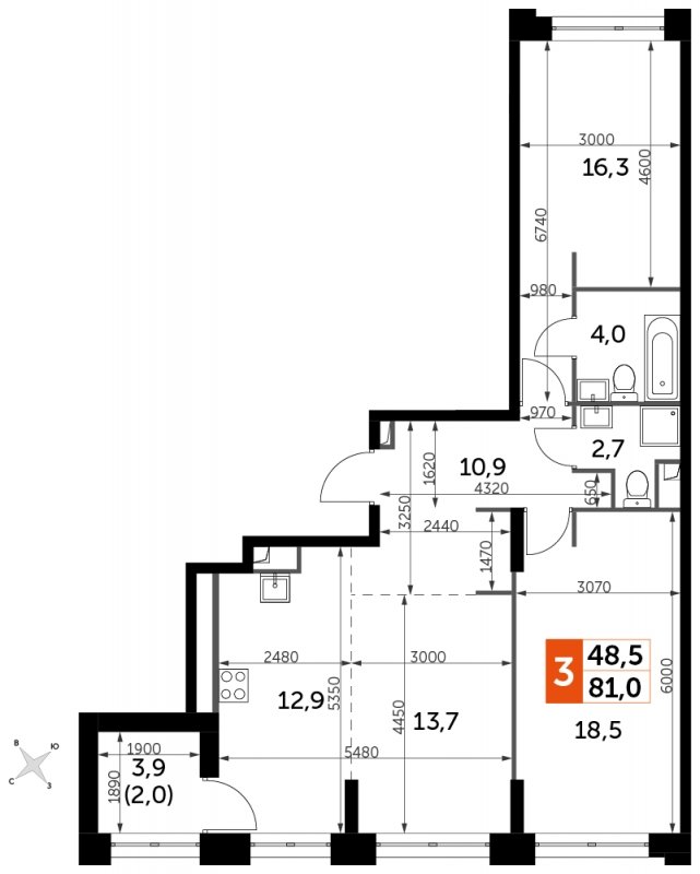 3-комнатная квартира с частичной отделкой, 81 м2, 19 этаж, сдача 1 квартал 2023 г., ЖК Sydney City, корпус 2 - объявление 1694278 - фото №1