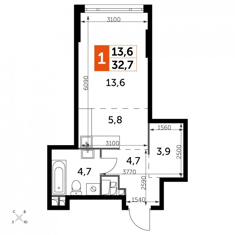 1-комнатная квартира с частичной отделкой, 32.8 м2, 25 этаж, сдача 4 квартал 2024 г., ЖК ROTTERDAM, корпус 2.3 - объявление 1849302 - фото №1