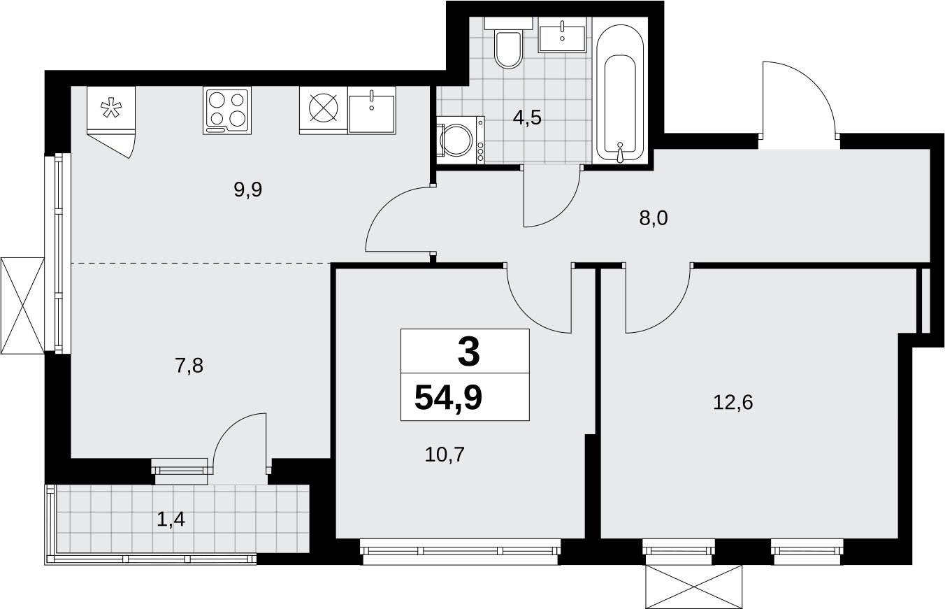 3-комнатная квартира (евро) без отделки, 54.9 м2, 6 этаж, сдача 2 квартал 2026 г., ЖК Дзен-кварталы, корпус 6.1.1 - объявление 2326962 - фото №1
