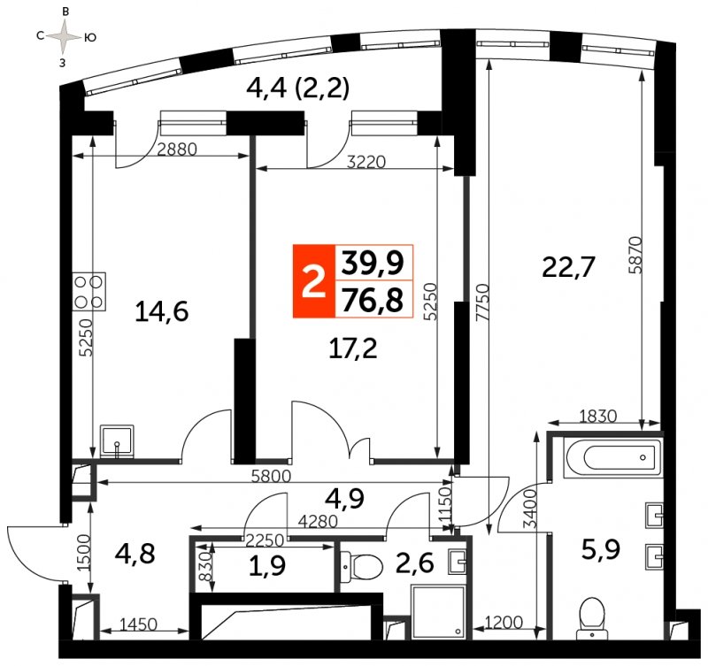 2-комнатная квартира с частичной отделкой, 76.8 м2, 8 этаж, сдача 3 квартал 2024 г., ЖК Sydney City, корпус 2.2 - объявление 1664172 - фото №1