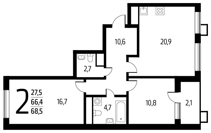 2-комнатная квартира с полной отделкой, 68.5 м2, 6 этаж, сдача 1 квартал 2024 г., ЖК Новые Ватутинки. Центральный, корпус 9/1/1.2 - объявление 1674878 - фото №1