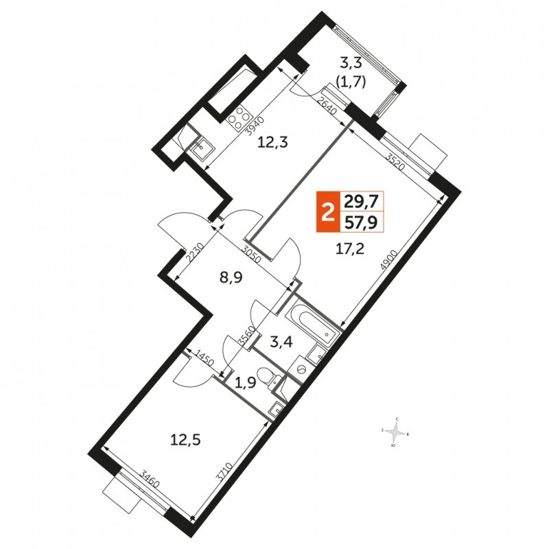 2-комнатная квартира с частичной отделкой, 57.9 м2, 1 этаж, сдача 3 квартал 2023 г., ЖК UP-квартал Римский, корпус 7 - объявление 1447794 - фото №1