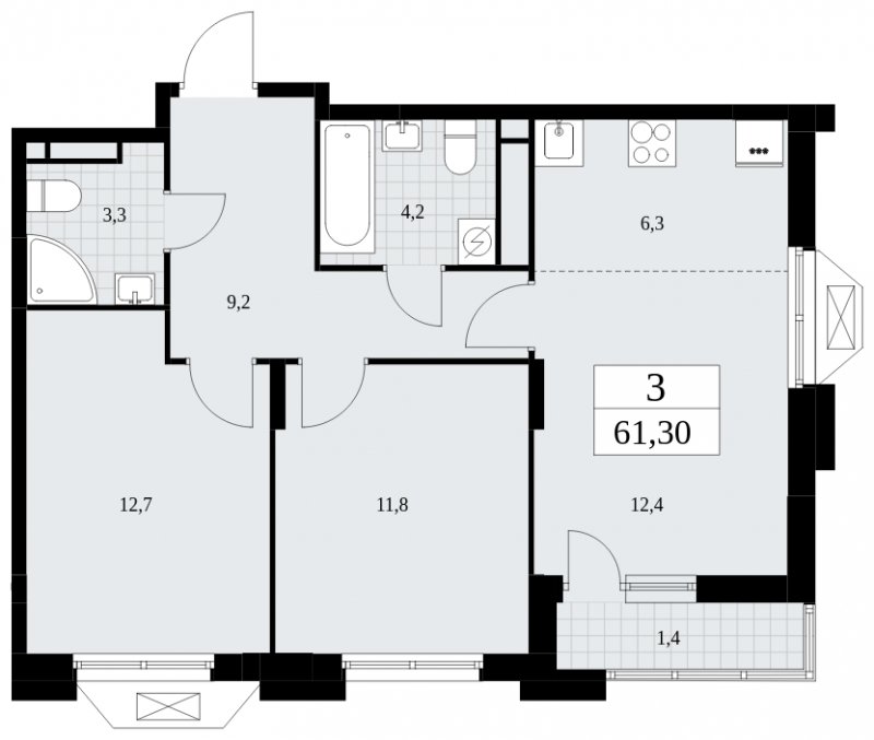3-комнатная квартира (евро) с частичной отделкой, 61.3 м2, 14 этаж, сдача 4 квартал 2024 г., ЖК Бунинские кварталы, корпус 1.2 - объявление 1834381 - фото №1
