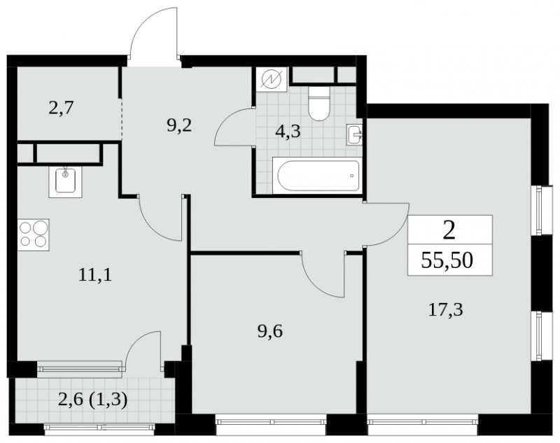 2-комнатная квартира с частичной отделкой, 55.5 м2, 23 этаж, сдача 2 квартал 2025 г., ЖК Южные сады, корпус 2.1 - объявление 1760049 - фото №1