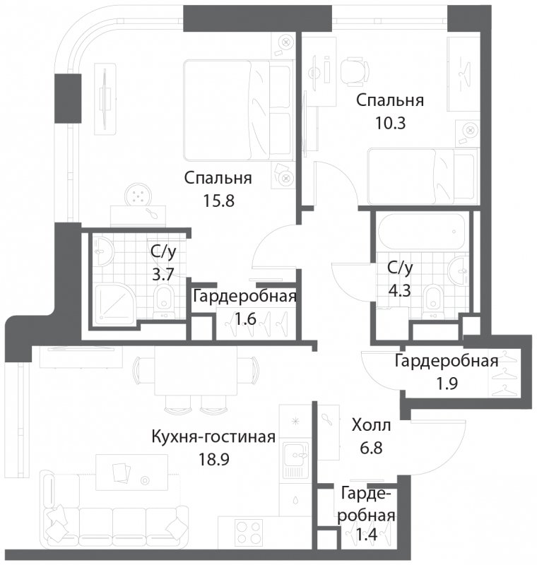 2-комнатная квартира без отделки, 64.7 м2, 8 этаж, сдача 3 квартал 2025 г., ЖК Nagatino i-Land, корпус 2 (3 очередь) - объявление 1786801 - фото №1