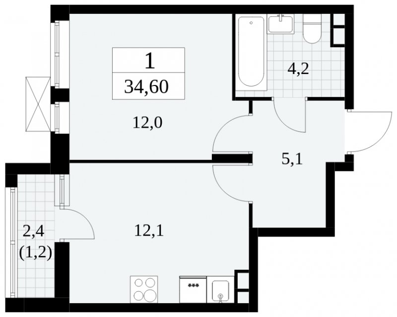 1-комнатная квартира без отделки, 34.6 м2, 3 этаж, сдача 3 квартал 2024 г., ЖК Прокшино, корпус 8.5 - объявление 1685048 - фото №1