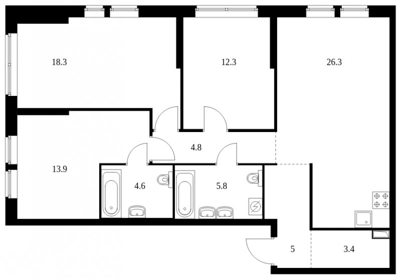 3-комнатная квартира с частичной отделкой, 94.4 м2, 5 этаж, сдача 4 квартал 2023 г., ЖК Кронштадтский 9, корпус 1.4 - объявление 1712536 - фото №1
