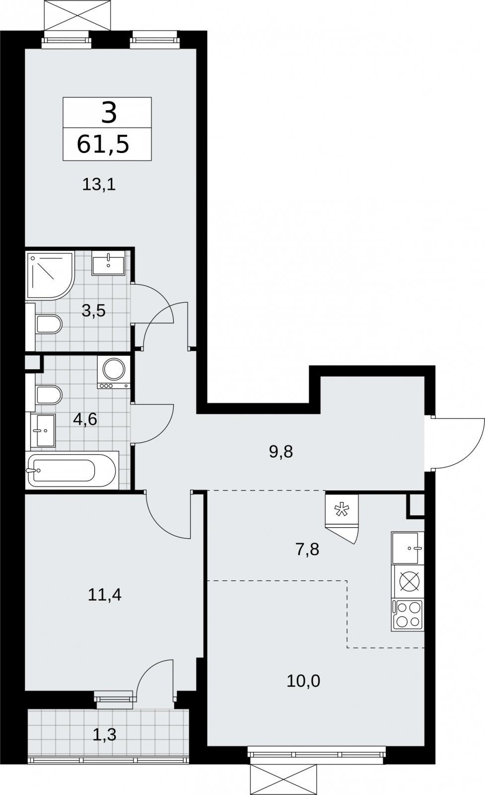 3-комнатная квартира (евро) без отделки, 61.5 м2, 2 этаж, сдача 2 квартал 2026 г., ЖК Бунинские кварталы, корпус 7.3 - объявление 2313638 - фото №1
