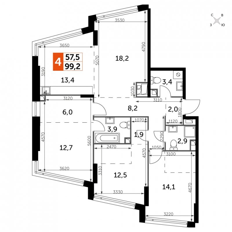 4-комнатная квартира с частичной отделкой, 99.2 м2, 18 этаж, сдача 4 квартал 2024 г., ЖК ROTTERDAM, корпус 2.3 - объявление 1746277 - фото №1