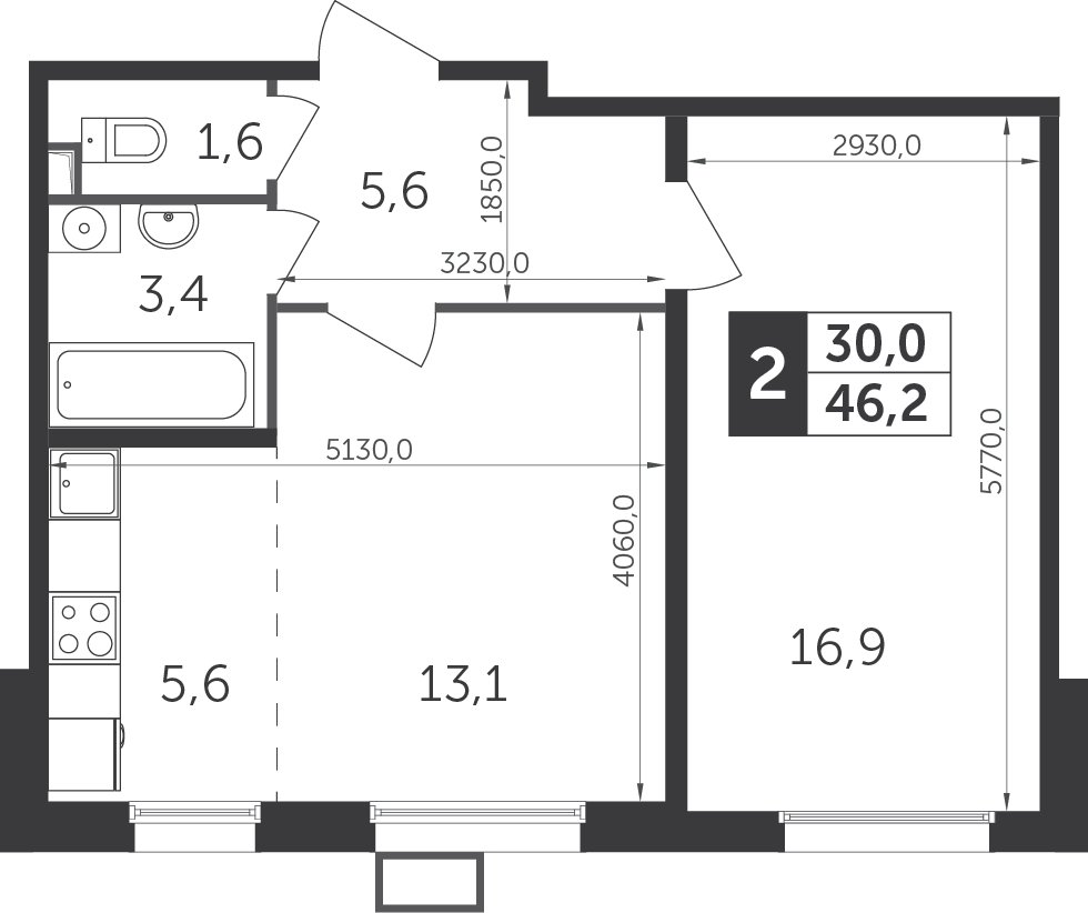 2-комнатная квартира с частичной отделкой, 46.1 м2, 7 этаж, дом сдан, ЖК Датский квартал, корпус 1 - объявление 2207582 - фото №1