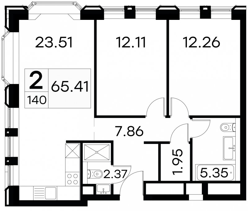 2-комнатные апартаменты с частичной отделкой, 65.41 м2, 13 этаж, сдача 3 квартал 2024 г., ЖК GloraX Aura Белорусская, корпус 1 - объявление 1708606 - фото №1