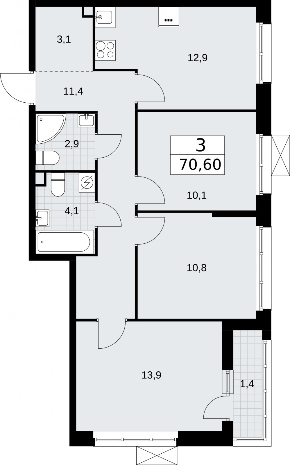 3-комнатная квартира без отделки, 70.6 м2, 2 этаж, сдача 3 квартал 2026 г., ЖК Родные кварталы, корпус 2 - объявление 2295361 - фото №1