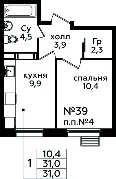 1-комнатная квартира без отделки, 31 м2, 9 этаж, сдача 1 квартал 2025 г., ЖК Эко Бунино, корпус Я-10-11 - объявление 2050611 - фото №1