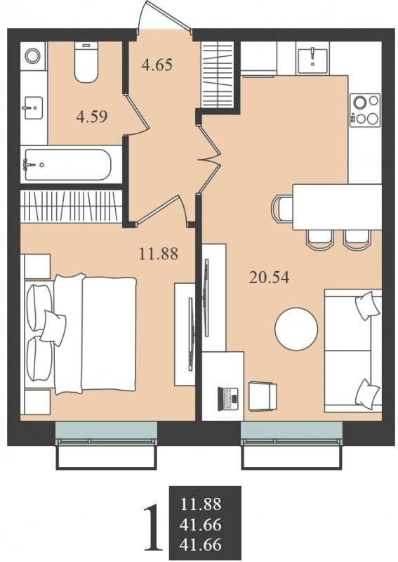 1-комнатная квартира без отделки, 41.66 м2, 3 этаж, сдача 1 квартал 2024 г., ЖК Мишино-2, корпус 9 - объявление 1812127 - фото №1