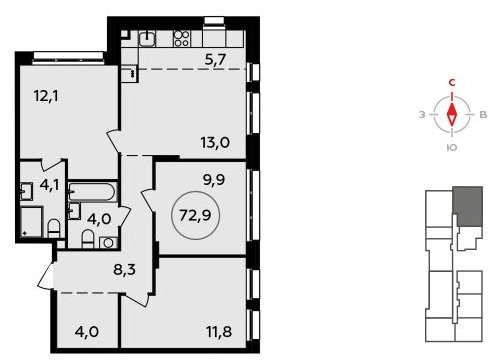 4-комнатная квартира (евро) с полной отделкой, 72.9 м2, 2 этаж, сдача 4 квартал 2023 г., ЖК Прокшино, корпус 4.2 - объявление 1497920 - фото №1