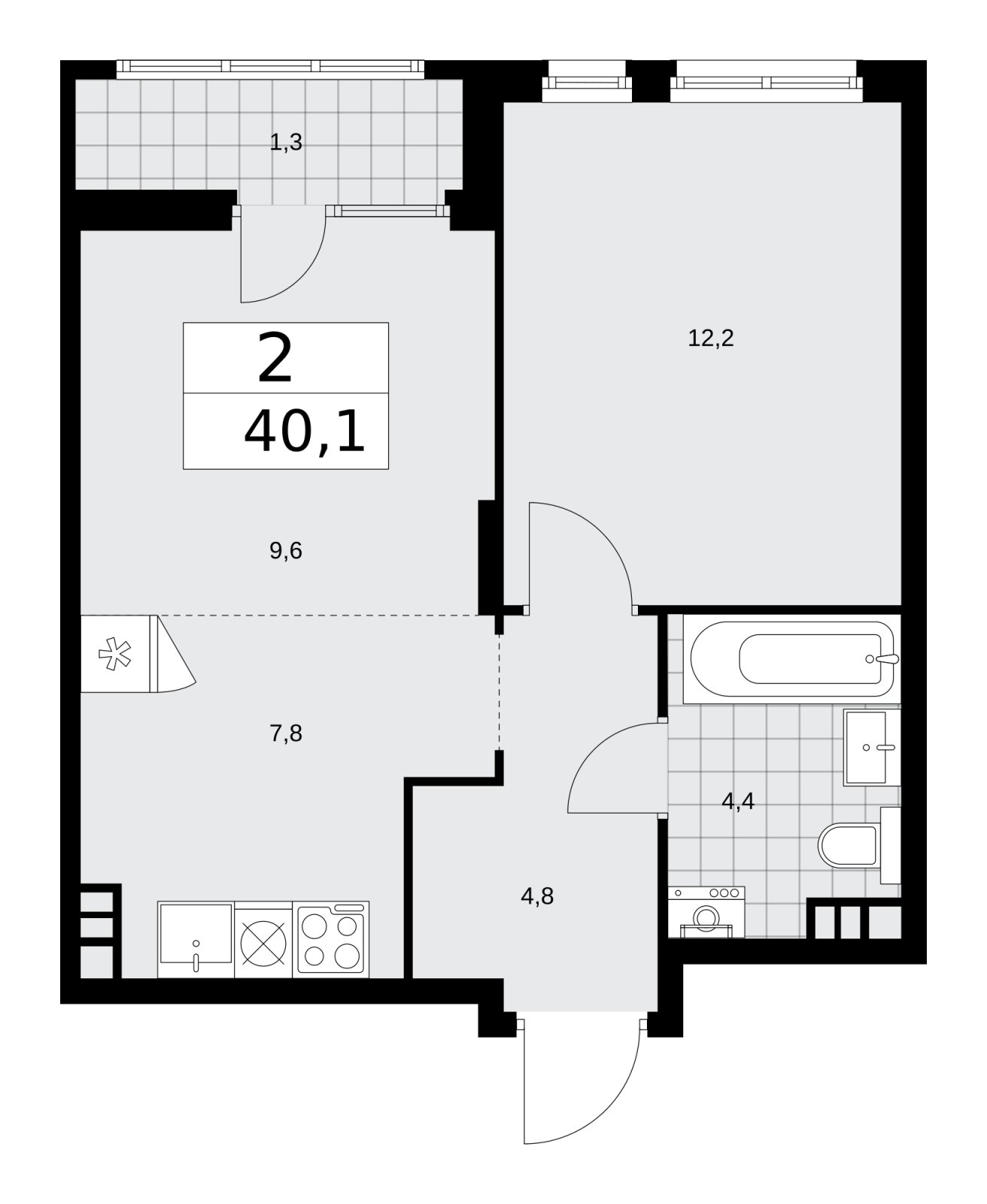 2-комнатная квартира (евро) без отделки, 40.1 м2, 3 этаж, сдача 1 квартал 2026 г., ЖК Деснаречье, корпус 4.2 - объявление 2263785 - фото №1