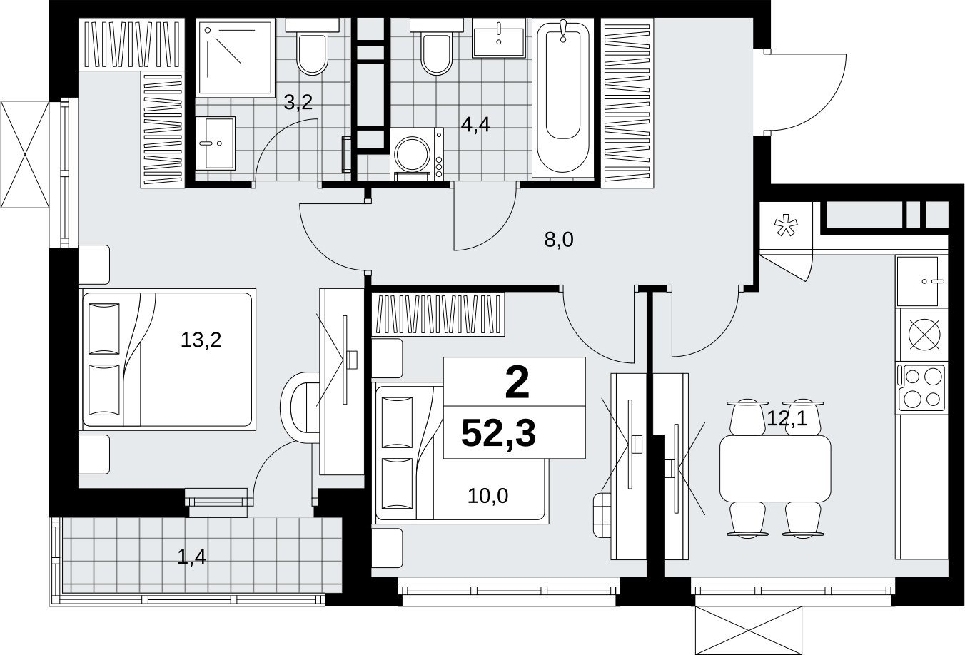 2-комнатная квартира с полной отделкой, 52.3 м2, 13 этаж, сдача 1 квартал 2027 г., ЖК Скандинавия, корпус 2.18.2.1 - объявление 2351096 - фото №1