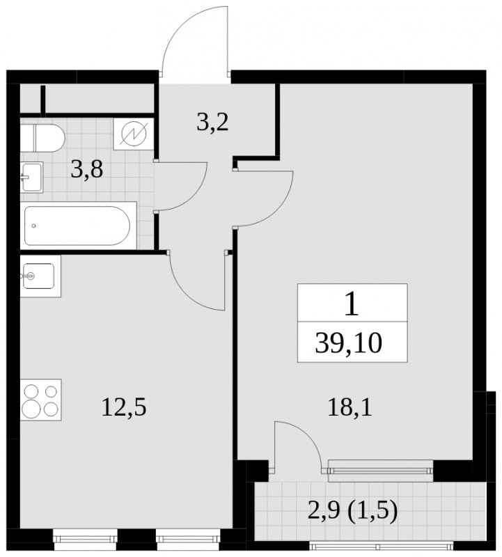1-комнатная квартира без отделки, 39.1 м2, 23 этаж, сдача 2 квартал 2025 г., ЖК Южные сады, корпус 2.3 - объявление 1758389 - фото №1