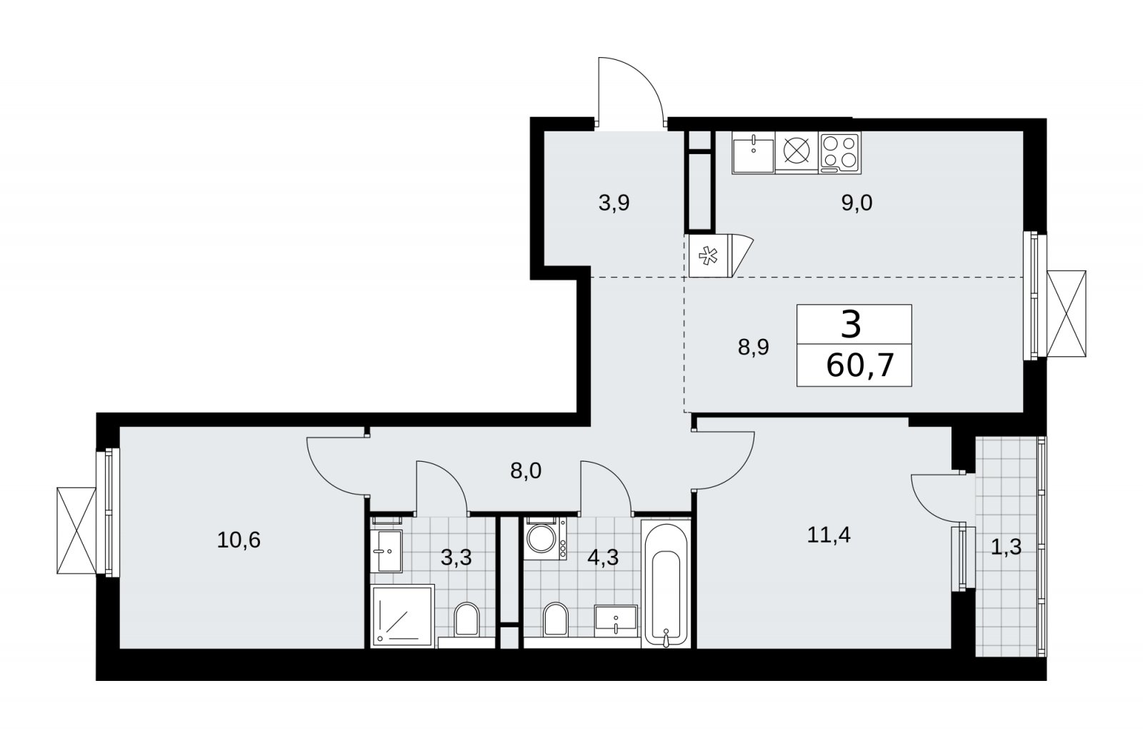 3-комнатная квартира (евро) без отделки, 60.7 м2, 12 этаж, сдача 1 квартал 2026 г., ЖК Прокшино, корпус 11.2.1 - объявление 2269969 - фото №1