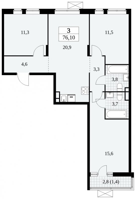 3-комнатная квартира с частичной отделкой, 76.1 м2, 4 этаж, сдача 3 квартал 2024 г., ЖК Прокшино, корпус 8.2 - объявление 1683817 - фото №1