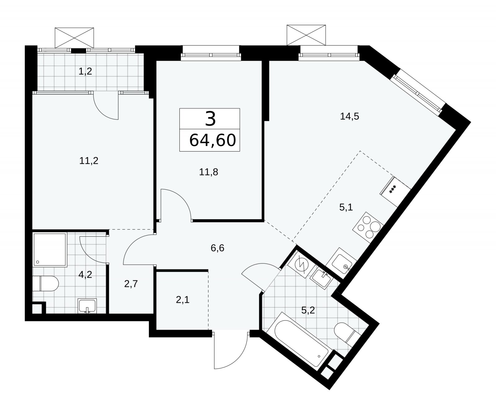 3-комнатная квартира (евро) с частичной отделкой, 64.6 м2, 2 этаж, сдача 1 квартал 2026 г., ЖК Дом на Зорге, корпус 25 - объявление 2221157 - фото №1