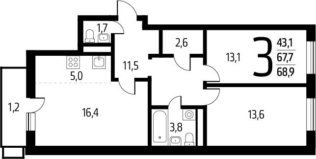 3-комнатная квартира (евро) с полной отделкой, 68.9 м2, 11 этаж, сдача 1 квартал 2025 г., ЖК Новые Ватутинки. Заречный, корпус 5/1 - объявление 2272158 - фото №1