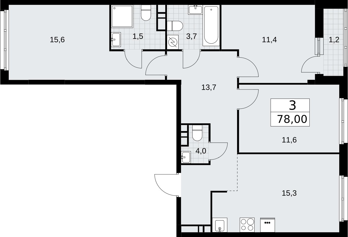 3-комнатная квартира с полной отделкой, 78 м2, 9 этаж, сдача 4 квартал 2026 г., ЖК Родные кварталы, корпус 3.3 - объявление 2378595 - фото №1