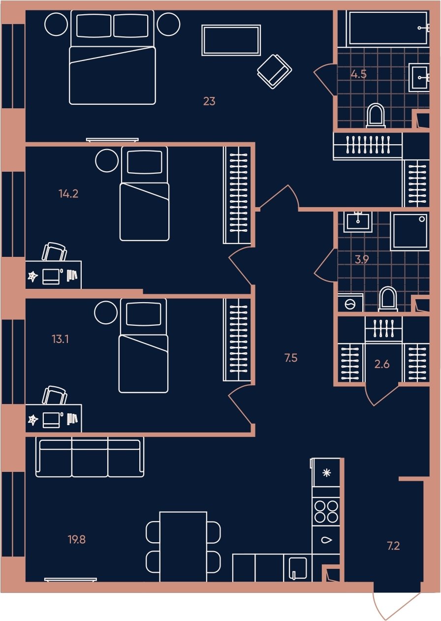 4-комнатная квартира (евро) с частичной отделкой, 95.8 м2, 32 этаж, сдача 3 квартал 2026 г., ЖК ERA, корпус 2 - объявление 2280020 - фото №1