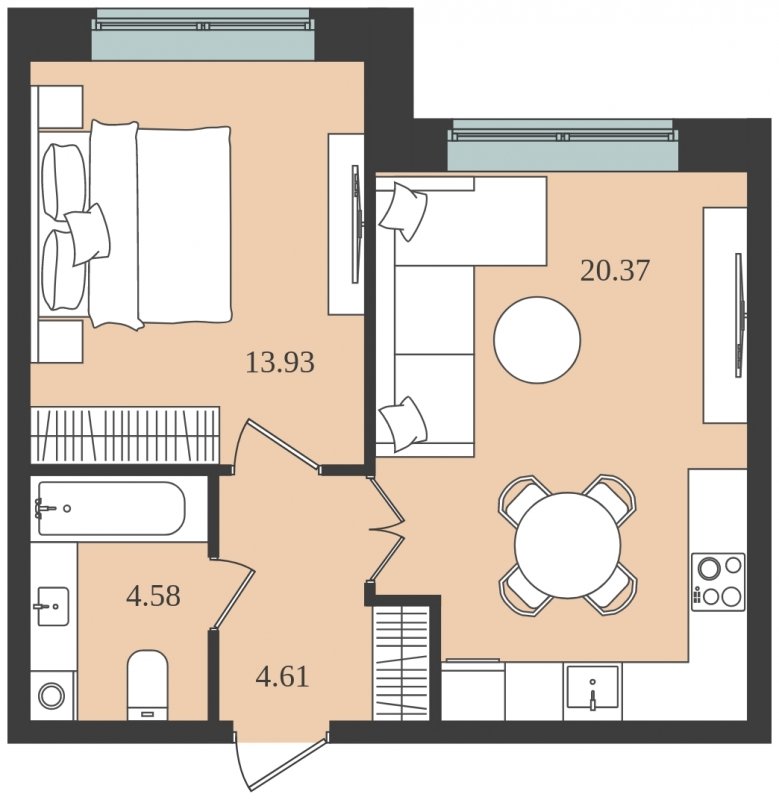 1-комнатная квартира без отделки, 43.49 м2, 1 этаж, сдача 1 квартал 2024 г., ЖК Мишино-2, корпус 8 - объявление 1812138 - фото №1