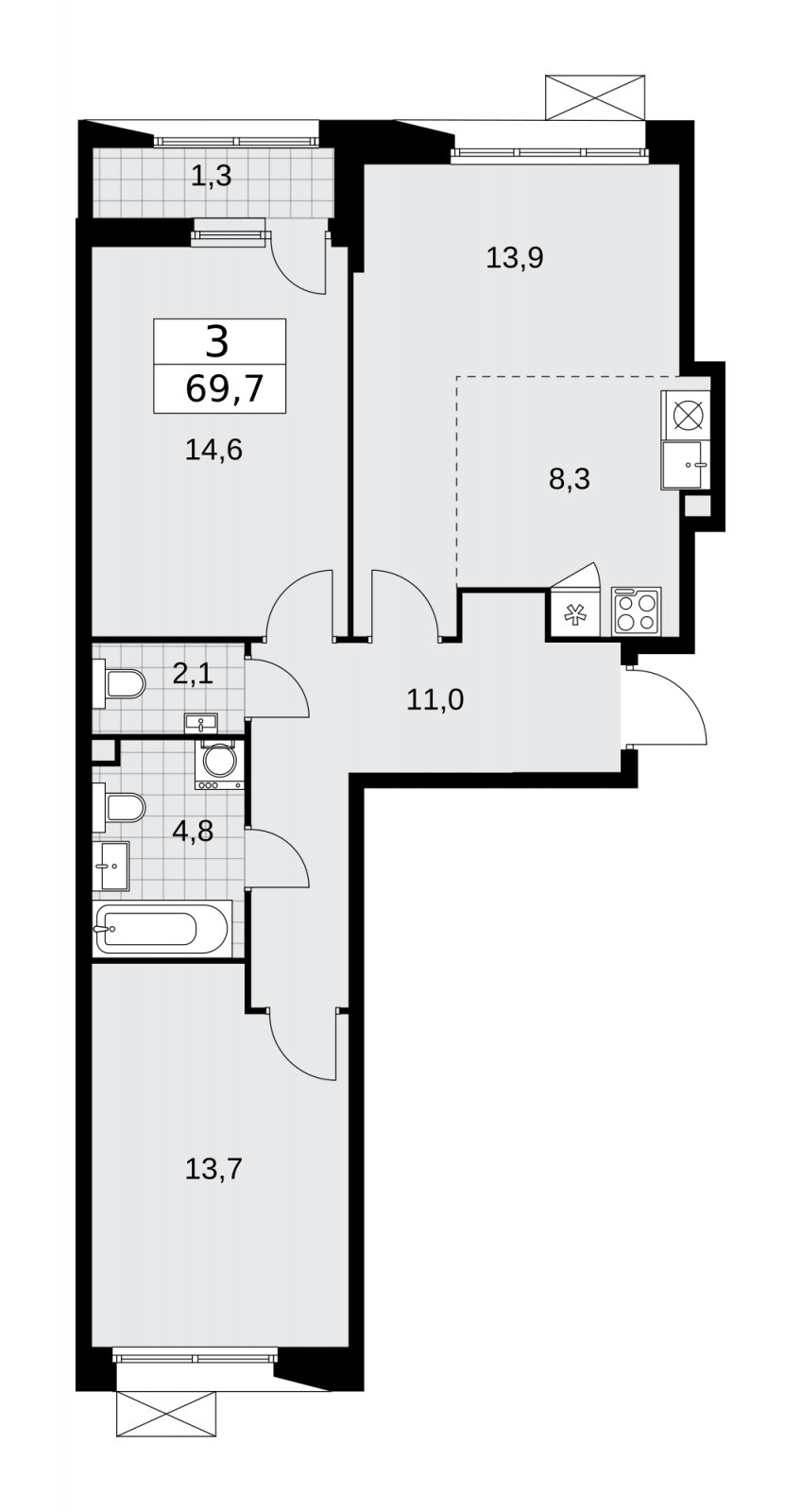 3-комнатная квартира (евро) без отделки, 69.7 м2, 2 этаж, сдача 4 квартал 2025 г., ЖК Бунинские кварталы, корпус 6.6 - объявление 2252950 - фото №1