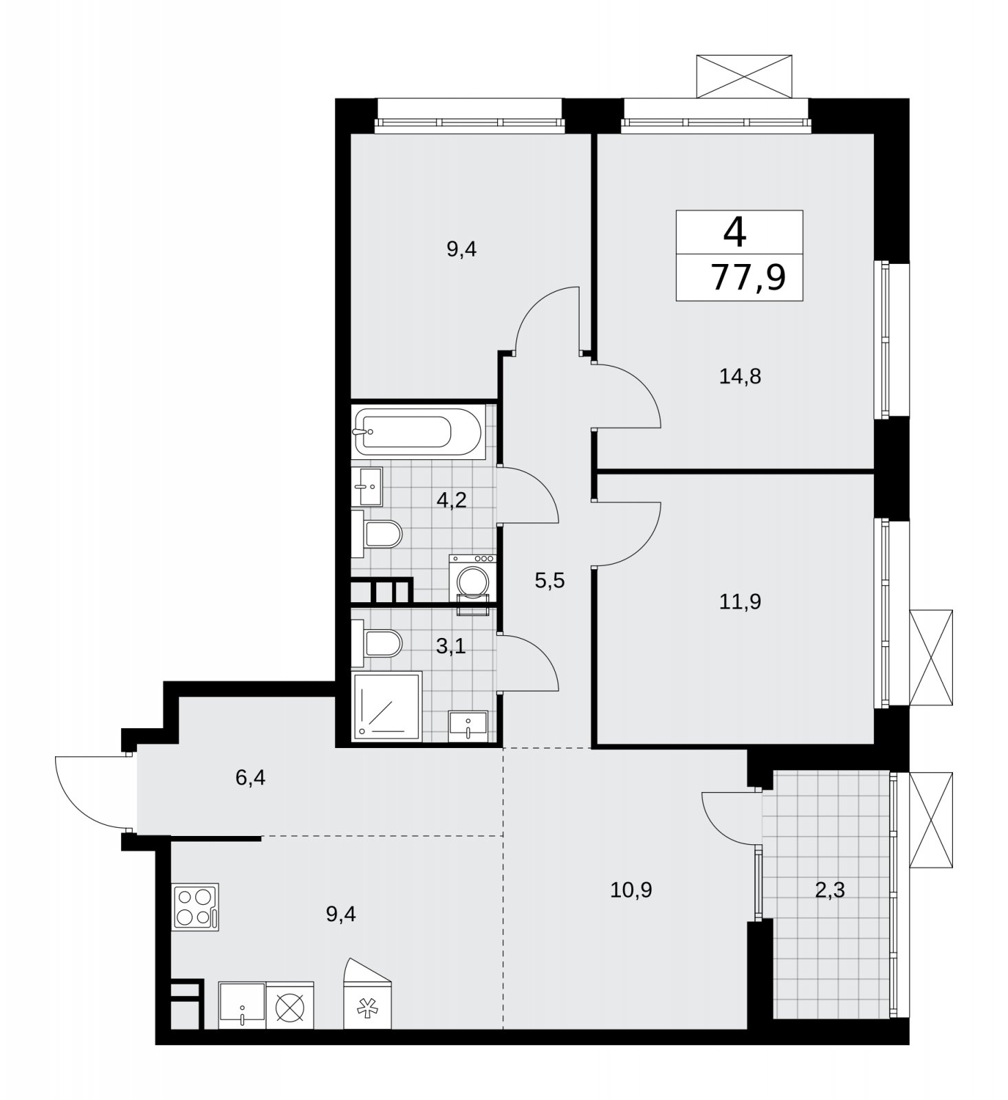 4-комнатная квартира (евро) без отделки, 77.9 м2, 13 этаж, сдача 1 квартал 2026 г., ЖК Деснаречье, корпус 4.3 - объявление 2263945 - фото №1