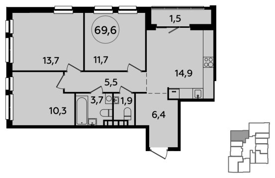 3-комнатная квартира без отделки, 69.6 м2, 17 этаж, сдача 1 квартал 2024 г., ЖК Южные сады, корпус 1.2 - объявление 1512205 - фото №1