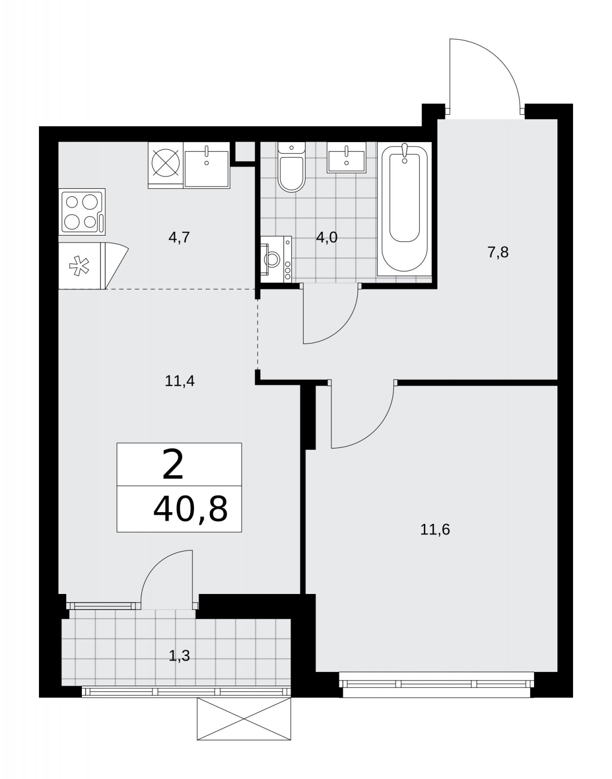 2-комнатная квартира (евро) без отделки, 40.8 м2, 2 этаж, сдача 1 квартал 2026 г., ЖК Деснаречье, корпус 4.1 - объявление 2263438 - фото №1