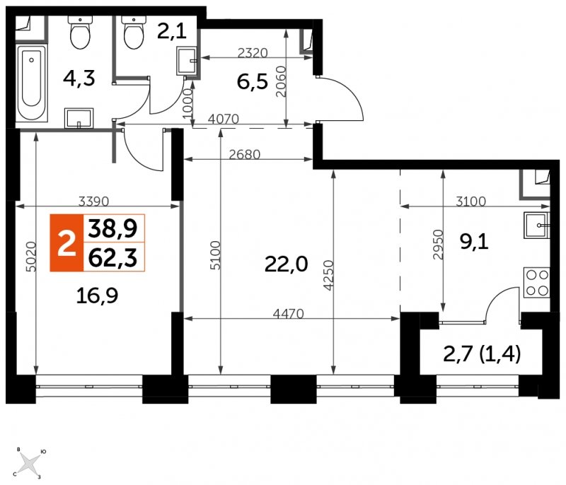 2-комнатная квартира с частичной отделкой, 62.3 м2, 21 этаж, сдача 1 квартал 2023 г., ЖК Sydney City, корпус 3 - объявление 1658336 - фото №1